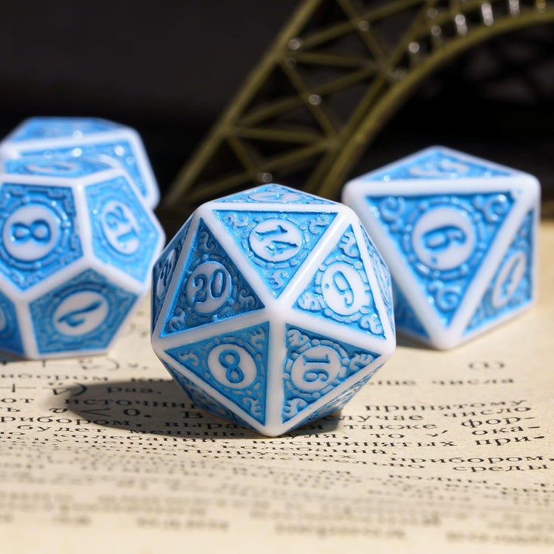 Poludie 7PCs DND Dice Set, Unique Window Lattice Pattern D&D Dice Set with Leather Die Bag, Polyhedral Die for RPG Table Games (Blue/White) - Image 2